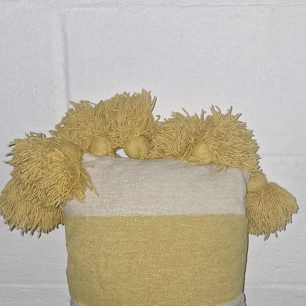 Yellow Beige Striped Rectangular Decorative Pillow with Tassels Textured Fabric
